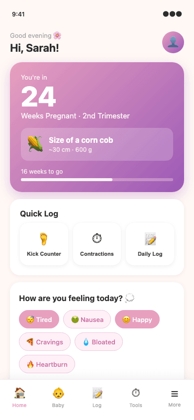 Bloom home dashboard showing current pregnancy week